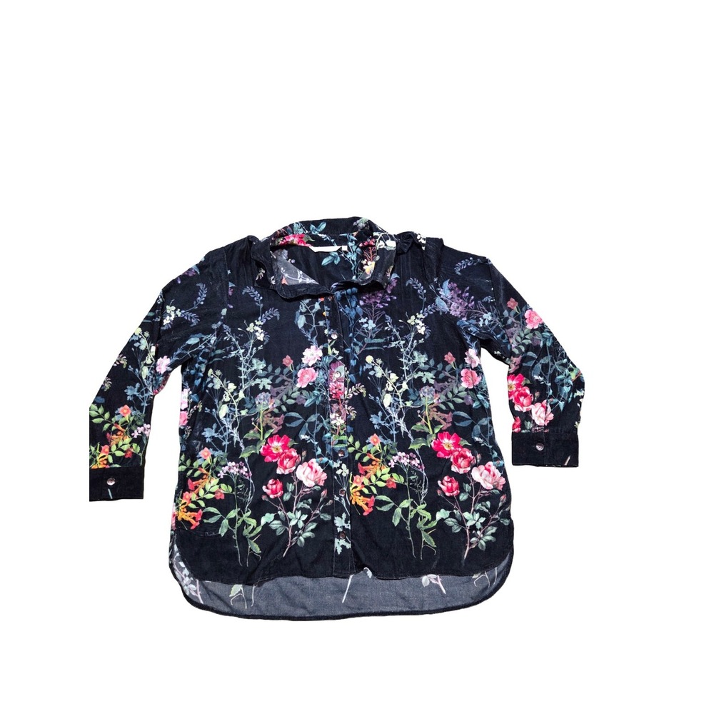 Soft Surroundings Jardim Tunic Top Black Velvet Floral Long Sleeve Button 2XL